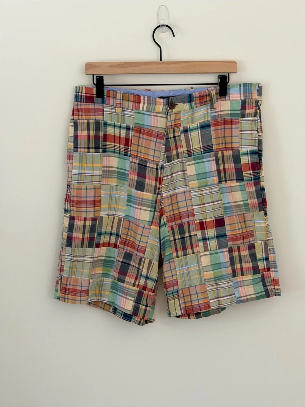 Vtg 90s Y2K J Crew Mens Patchwork Rainbow Madras Plaid Shorts Cotton trending